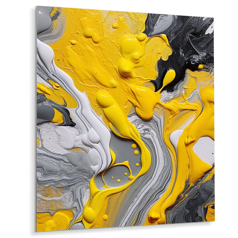 Jaune, gris, cosmique, vibrations II, formes abstraites, impressions sur métal, H 44 po x l 34 po