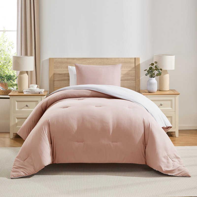 Ensemble d'édredon réversible ultra doux 2 pièces, Lin / Blanc, Édredon pour lit simple + 1 taie décorative stan