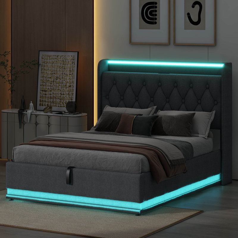 Upholstered Bed, 360 Surround LED Function, Buttons/Apps/Remote Control, Hydraulic Storage Bed With USB Type-C Charging, Grey