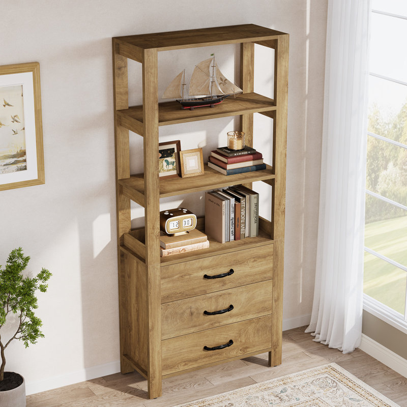 Bibliothèque 70,9 "de hauteur avec tiroirs, bibliothèque en bois avec tablette ouverte à 3 niveaux