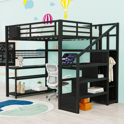 Full Metal Loft Bed With Light Strips, L-Shaped Desk, USB Ports And Storage Stairs