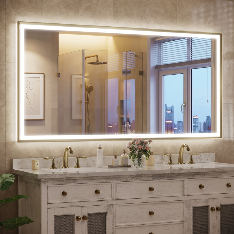 Miroir de salle de bain à DEL avec traitement antibuée, miroir mural rétroéclairé avec commande tactile et mémoire intelligente, verre trempé et cadre en aluminium biseauté pour lavabo, chambre, entrée.