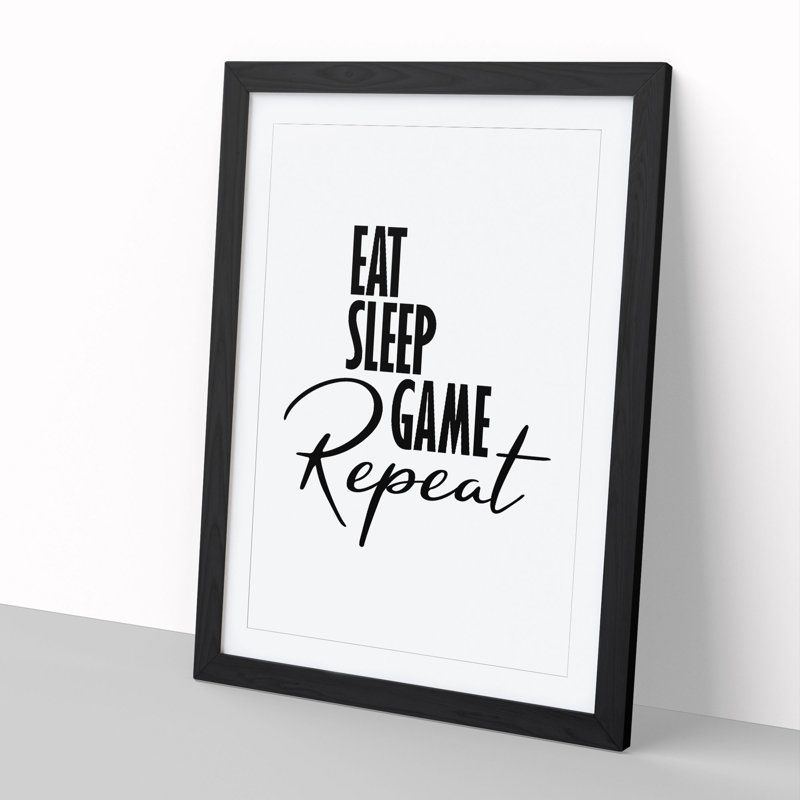 Eat Sleep Game Repeat - Picture Frame Typography, Black, 36cm H x 27cm W x 2cm D