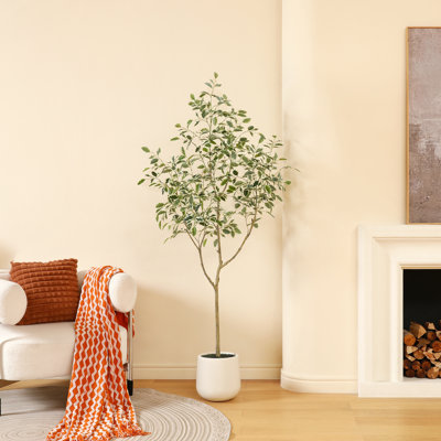 Adagio Faux Ficus Tree with Oval White Planter, Pre Potted Faux Greenry Plant with white side leaves