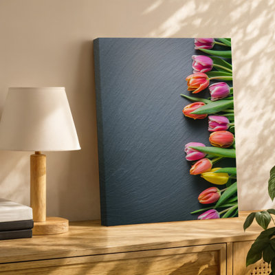 Canvas A Vibrant Arrangement Of Tulips In Various Shades Of Pink Wall Art Orange And Yellow Artfully Cascading From The Top Left Canvas Wall Art