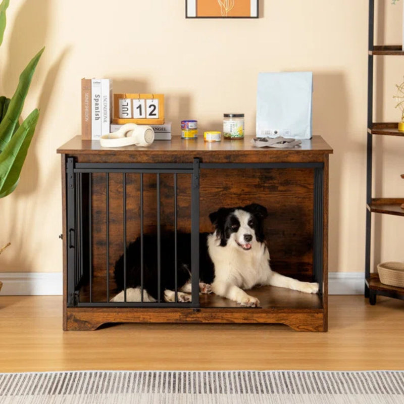 Dawyne Metal Sliding Barn Door Dog Crate, 26.8" H x 39.3" W x 23.6" D, Rustic Brown
