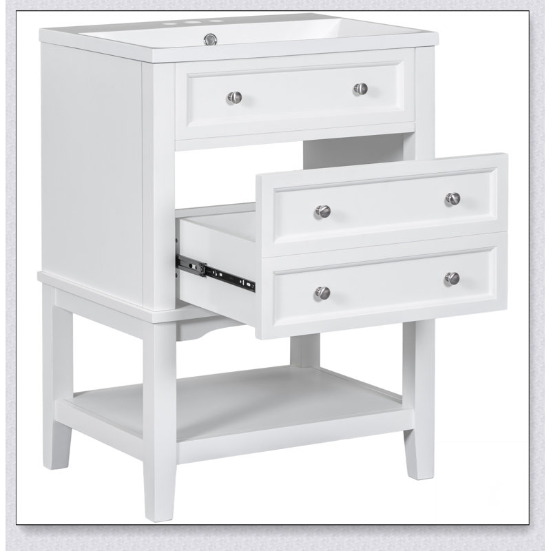 Meuble-lavabo 24 po avec lavabo, meuble de rangement pour salle de bain avec tiroir et tablette ouverte, structure en bois massif, blanc