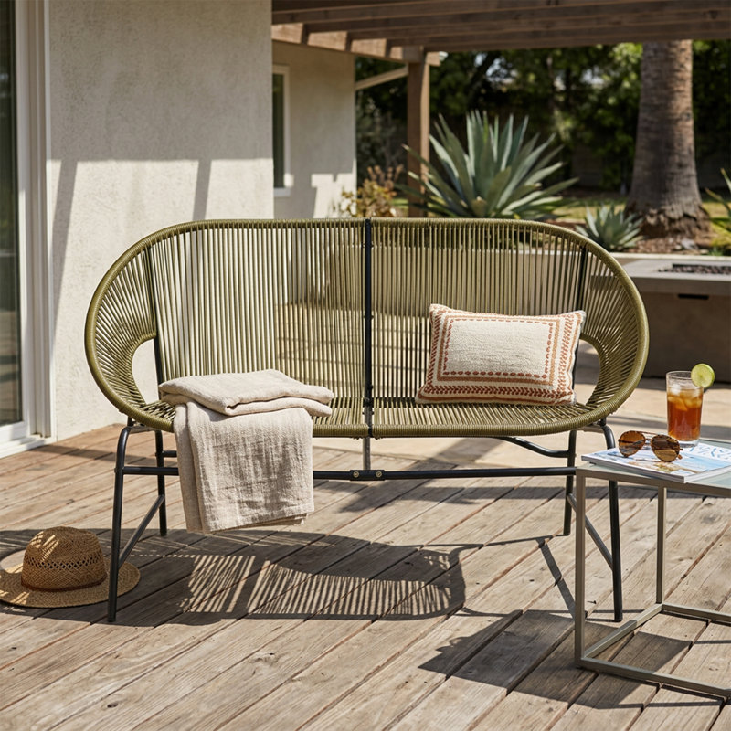 52 Inch Mid-Century Modern Outdoor Patio Rattan Love Seat, Green