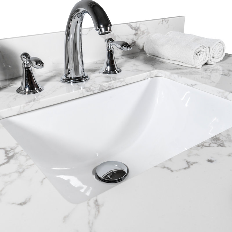 Dessus de meuble-lavabo de salle de bain 31 po - Pierre blanche avec lavabo et dosseret en céramique
