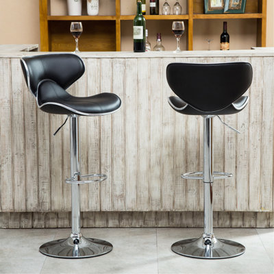 Black Adjustable Swivel Bar Stools with Airlift & Chrome Base, Upholstered, Set of 2