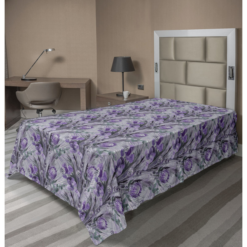 Drap plat Ambesonne à motif floral rétro mauve et bleu sarcelle gris, Drap plat pour lit simple