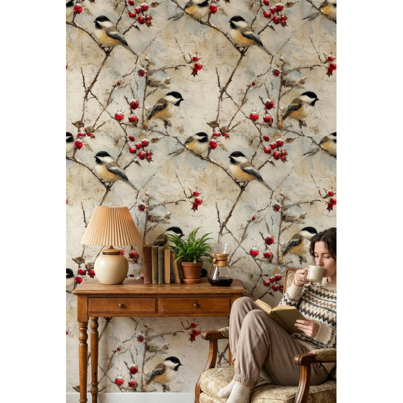 Papier peint oiseaux avec baies rouges rétro