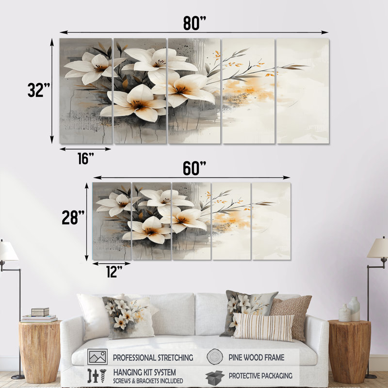 Jardin blanc doré de Lilie I - art mural doré - ensemble d'art mural traditionnel, H 32 po x l 80 po, 5