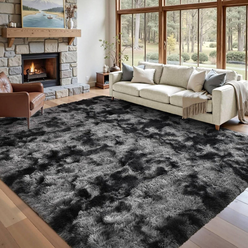8x10 Soft Shag Rug For Living Room, Large Luxury Fluffy Rugs for Bedroom, Upgrade Non Slip Backing, Ideal For High Traffic Areas Indoor, Home Decor Aesthetic, Tie Dye Black Grey