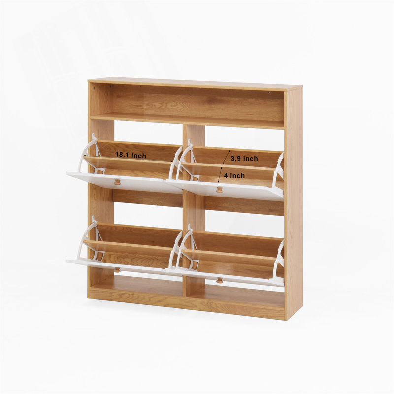 Armoire de rangement pour chaussures spacieuse avec 4 tiroirs rabattables, poignées en bois et fixation anti-basculement pour les entrées et les couloirs