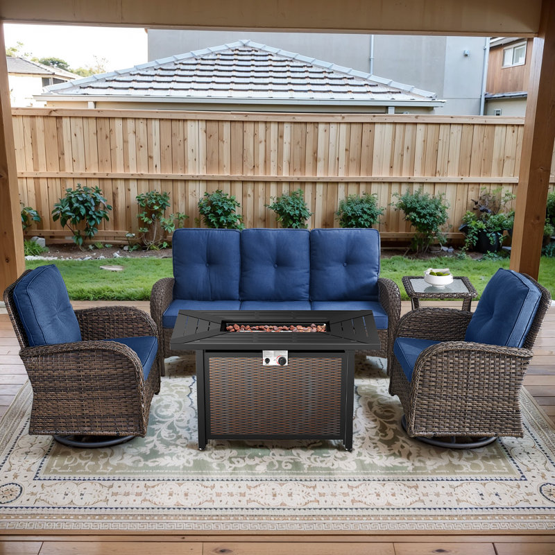 Aluel 5-Pieces Outdoor Wicker Patio Conversation Furniture Set with Rocking & Swivel Chairs and Rectangular Fire Pit Table with Windshield