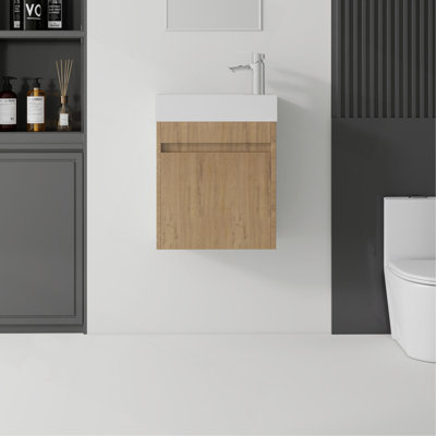 18" Floating Bathroom Vanity Combo, Wall Mounted Solid Plywood Cabinet with Ceramic Sink & Soft-Close Doors for Small Bathrooms