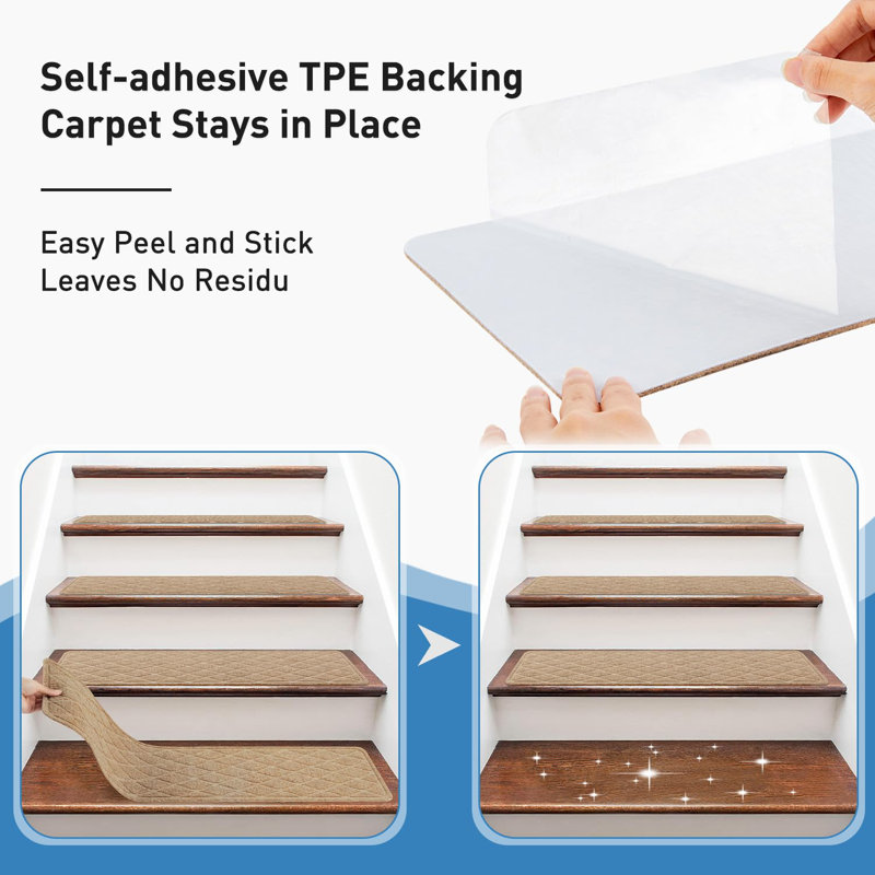 Beige Polyester Non-Slip Stair Treads with TPR Backing, 15 Pack