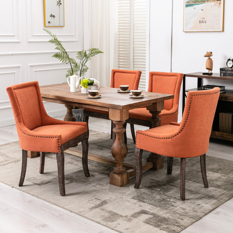 Paire de chaises de salle à manger latérales en orange, housse de siège en tissu épaissi, garniture cloutée bronze, support de pieds en bois massif, 28,6 po Profondeur de l'emballage, largeur de 22,4 po, hauteur de 21,24 à 35,08 po, 2 pièces, tissu, pieds,