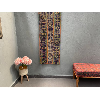 21.7x57.1 Inch Blue Wool Rug, Traditional Geometric Pattern Rug