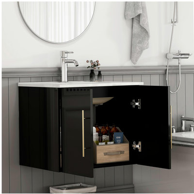 24-Inch Wall-Mounted Bathroom Vanity with Sink Combo,Double Doors,Soft Close Hinges, Ceramic Basin,Easy Assemble,Gold Metal Long Handle,Storage Space,Glossy Black