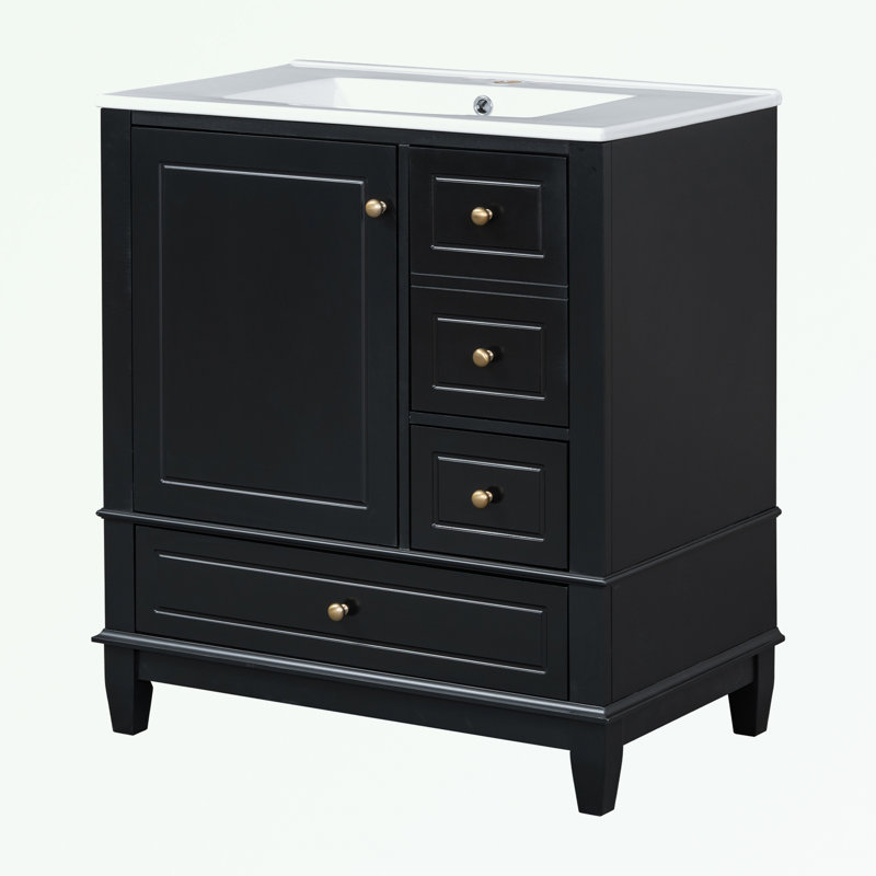 Bathroom Vanity with Sink, Three Drawers and Soft Close Door, Black/Gold