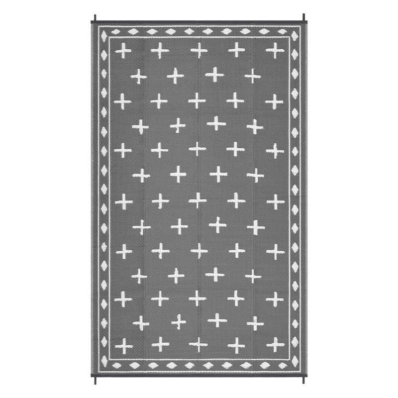 Large Cross Outdoor Rug 8x10 Patio Rugs Outdoor Waterproof, Reversible Plastic Straw Camping Rug, Foldable Lightweight Modern Outside Mats for Camper, Balcony, Beach, Porch, RV, Grey