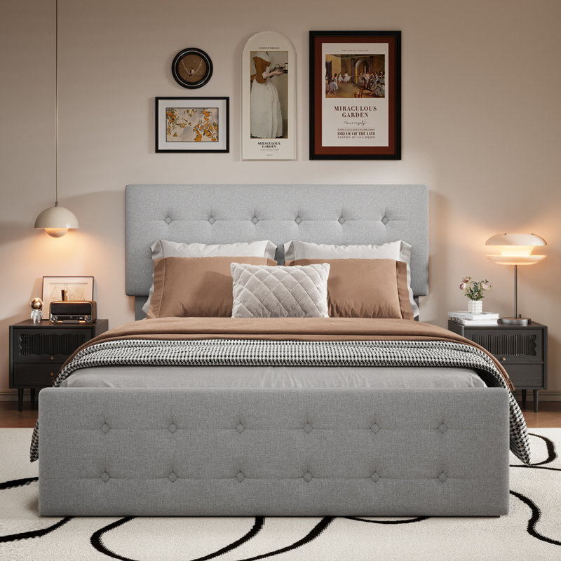Bed Frame With Headboard And 4 Storage Drawers, Platform Bed Frame Square Stitched Button Tufted, Gray, Full