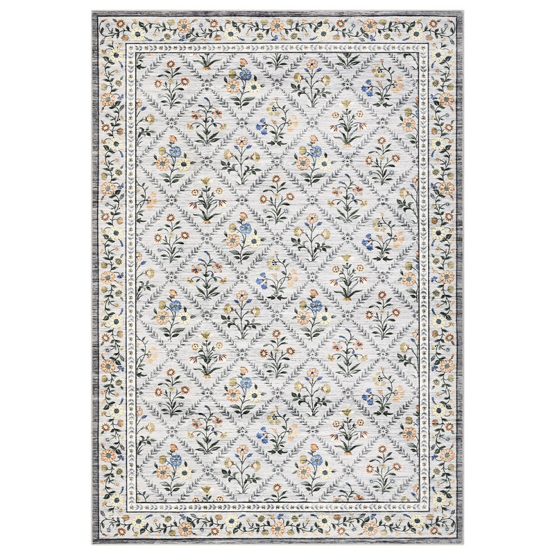 Tapis à bordure lavable à la machine Tapis antidérapant à motif floral, Gris, Rectangle 10 pi x 13 pi