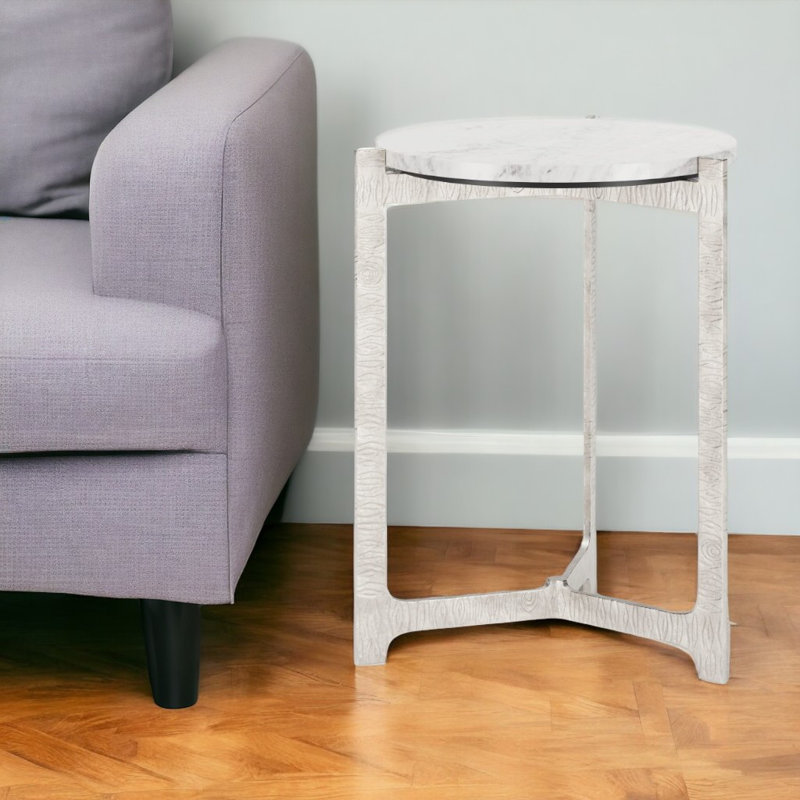 Table de bout 25 "en marbre blanc et argent et pieds ronds en aluminium