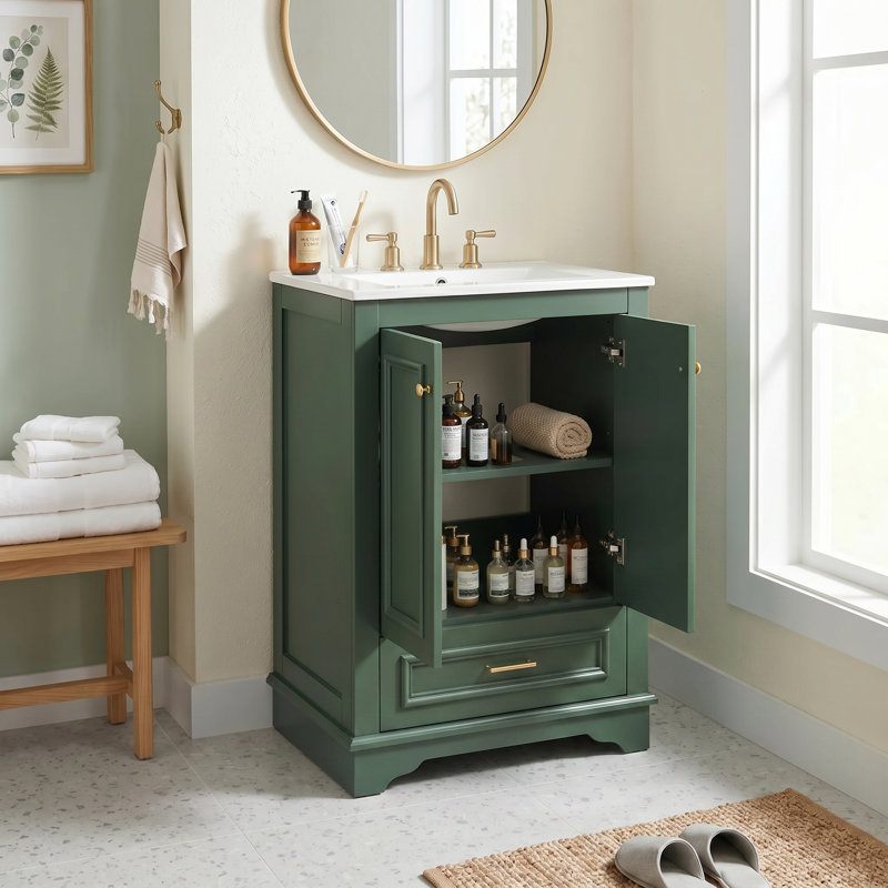 Meuble-lavabo autoportant moderne de 24 po avec lavabo en céramique, portes à fermeture douce et poignées en métal doré, 24"