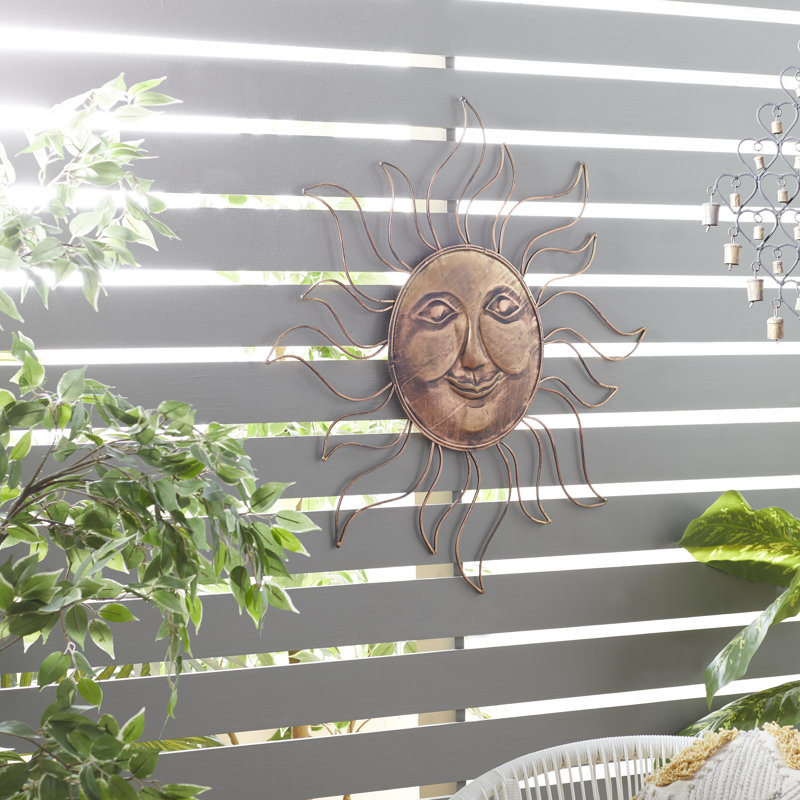 Metal Indoor Outdoor Sun Teal Wall Decor with Wire Frame, Brown