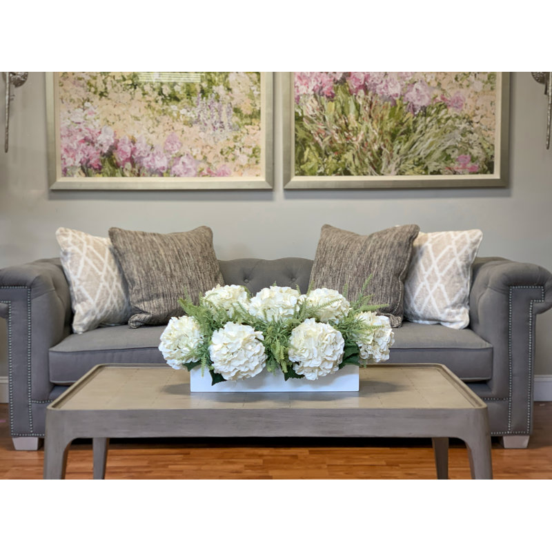 Polysilk Hydrangea Arrangement in Planter, White, Green
