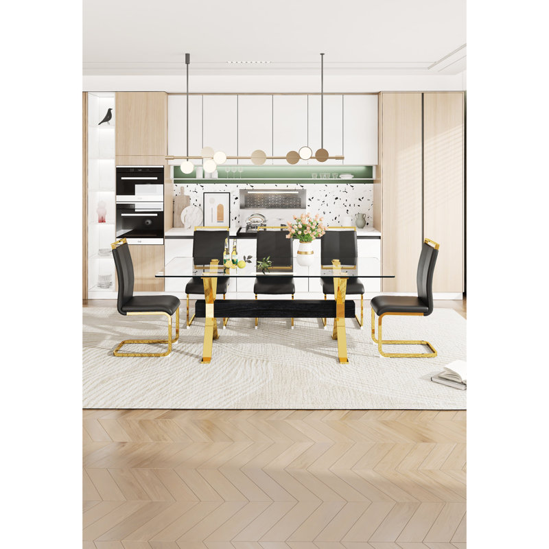 Grande table de bureau avec verre trempé, barre transversale et pieds en métal doré