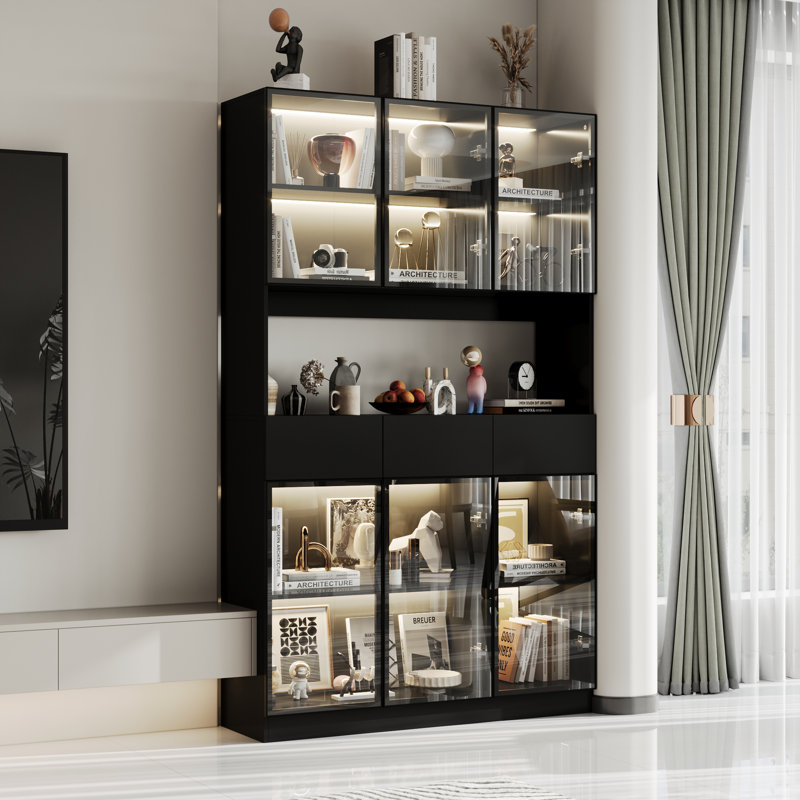 Latitude Run® 78.7'' H x 47.2'' W Bookcase With Glass Doors LED Lights ...