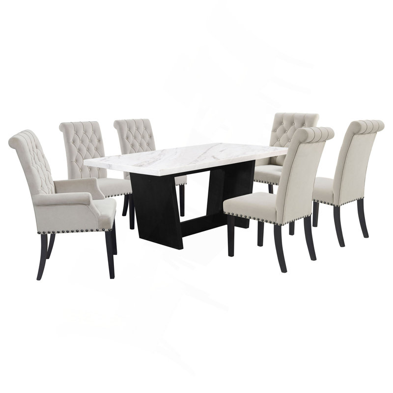 Rustic Espresso Rectangular Marble Top Dining Table Set