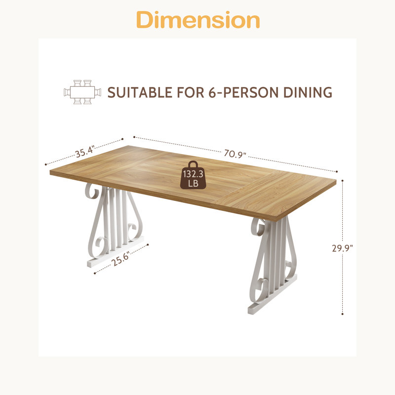 Table de salle à manger 70,9 "pour 6 à 8 personnes, plateau rectangulaire en faux marbre, structure en métal, pieds réglables