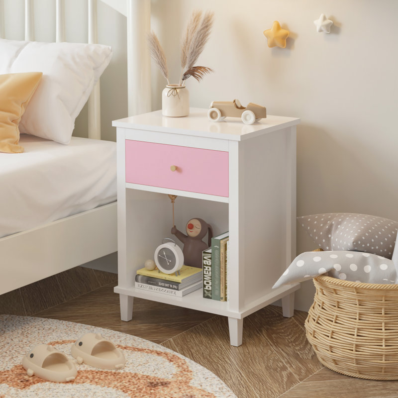Table de chevet en bois avec un tiroir et une tablette pour enfants, adultes, Pink