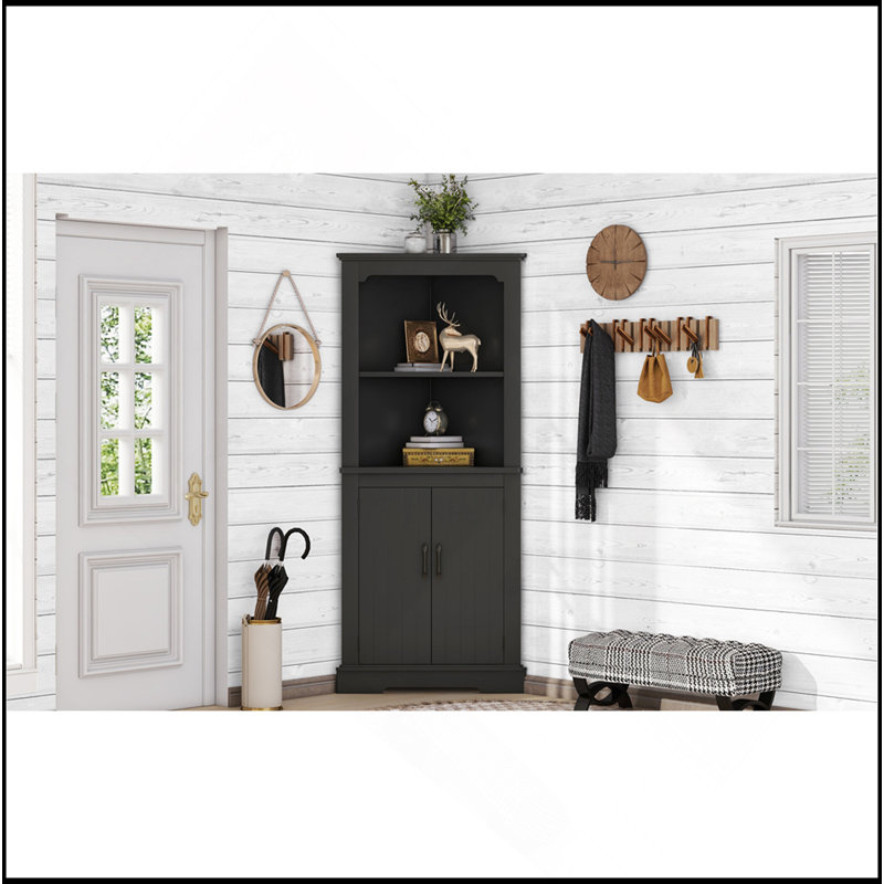 Tall Corner Cabinet With Doors For Living Room, Bathroom,Dining Room Or Kitchen, Black