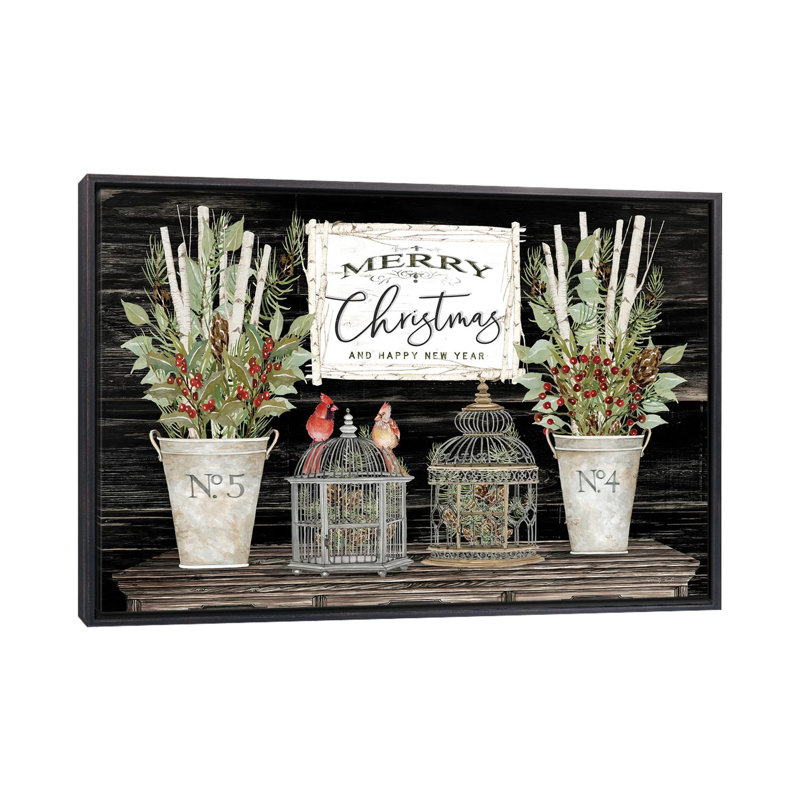 Floral Merry Christmas par Cindy Jacobs-impression d’art graphique, H 40 po x l 60 po x 1,5 po, Toile avec cadre noir patiné