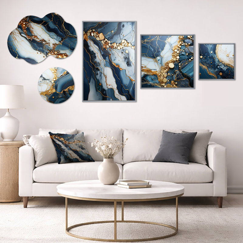 Gold & Blue Geode Art II - Large, art mural abstrait, ensemble de 5 reproductions d'art sur toile et métal (100 po x 40 po)