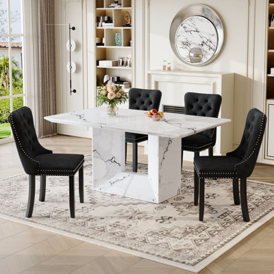 Modern Dining Table Set For 4–6 People, Velvet Chairs And Marble-Look Kitchen Table