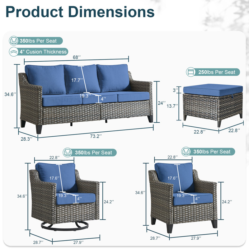 Ensemble de conversation d'extérieur en osier pour 7 à 9 personnes avec chaises pivotantes Arlene, Bleu