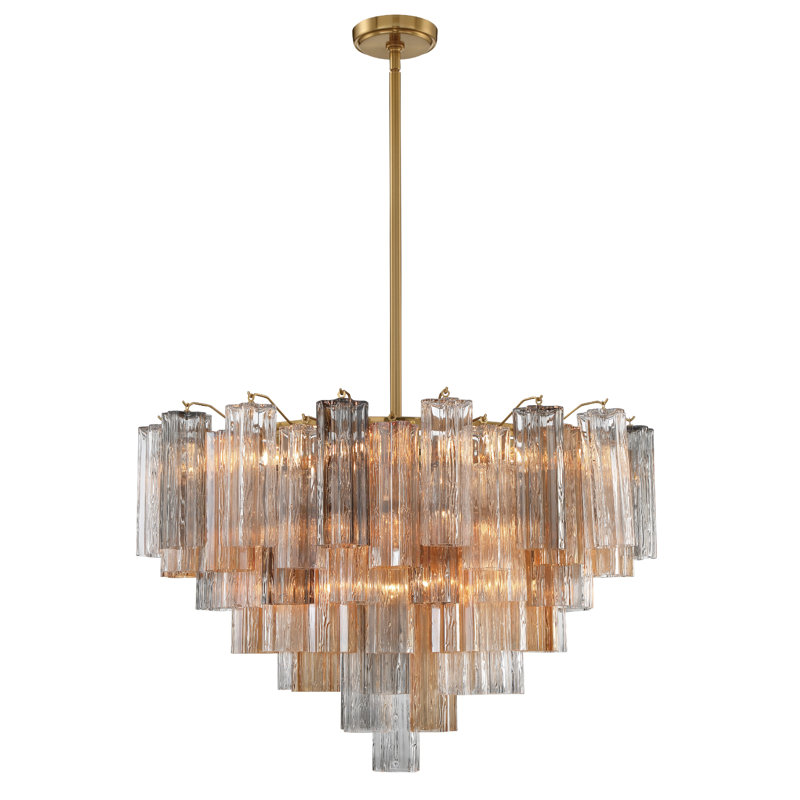 Dimmable Tiered Chandelier, Aged Brass, Gray/Yellow, 21.5" H x 32" W x 32" D