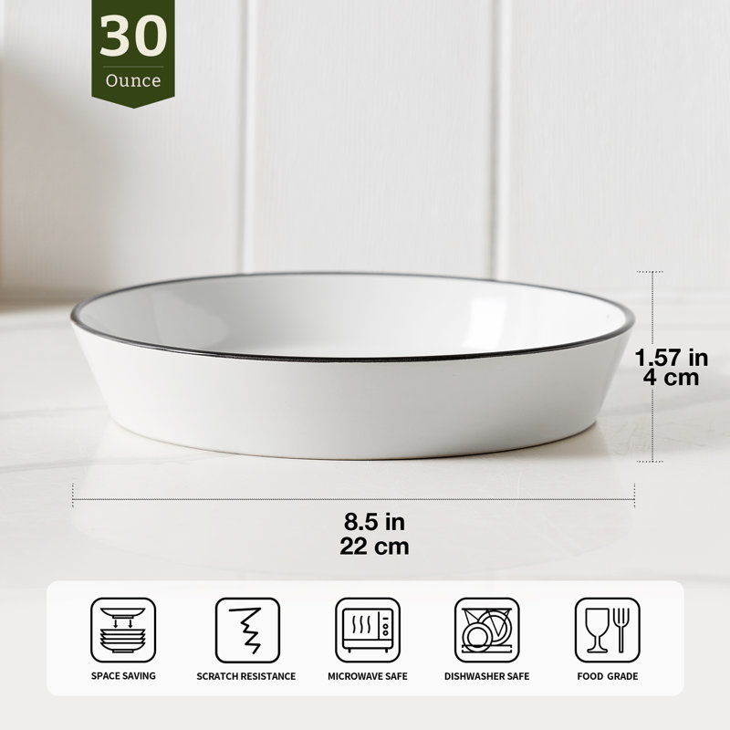  4-Piece Stoneware Pasta Bowl Set, White with Black Edge
