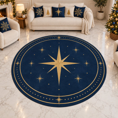 Tapis d'intérieur arrondi « Ultra Thin » 183 x 183 cm (6 pi x 6 pi) à motif d'étoile et de boussole, idéal pour le salon, la chambre et le bureau à domicile. Doux et à poils courts, avec envers antidérapant en silicone.