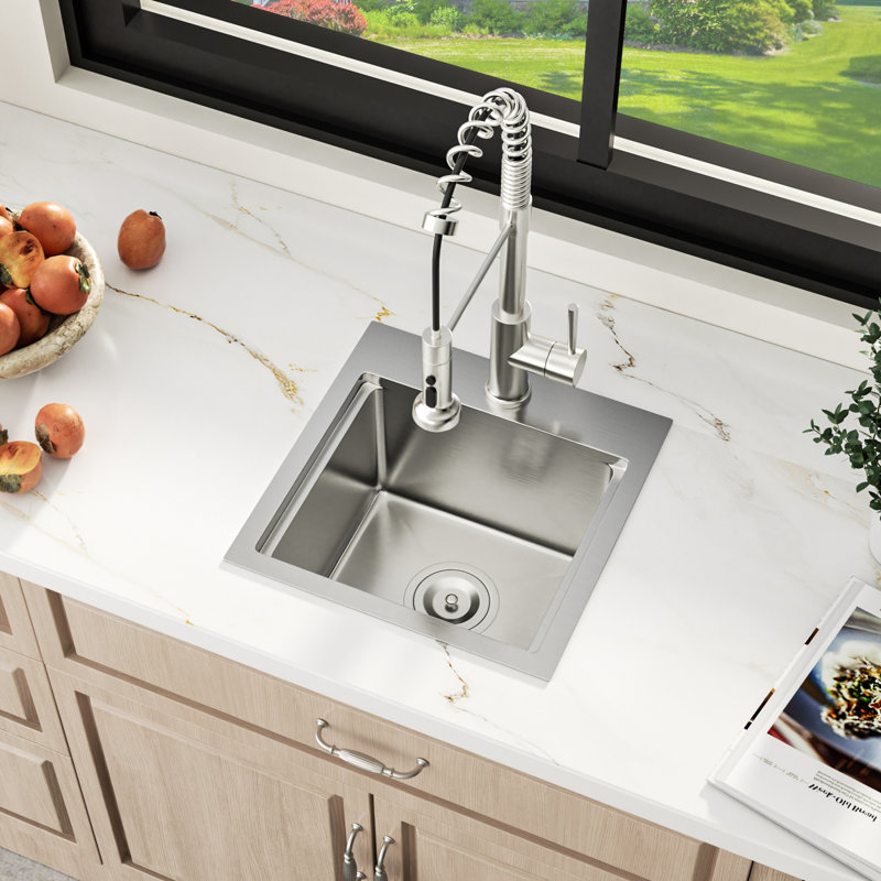 15" L x 15" W Drop-In Bar Sink Single Bowl Stainless Steel Bar Kitchen Sink Workstation with Accessories