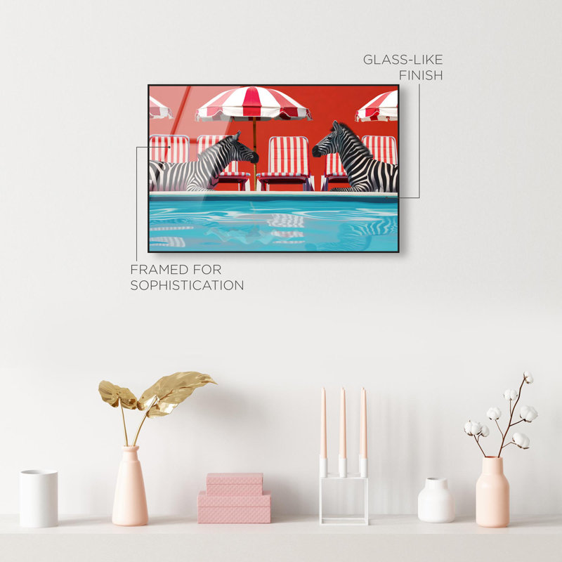 Oliver Gal Zebras Sunbathing Red Fashion & Animals - Framed Acrylic Glass Wall Art, 16" H x 24" W, Black