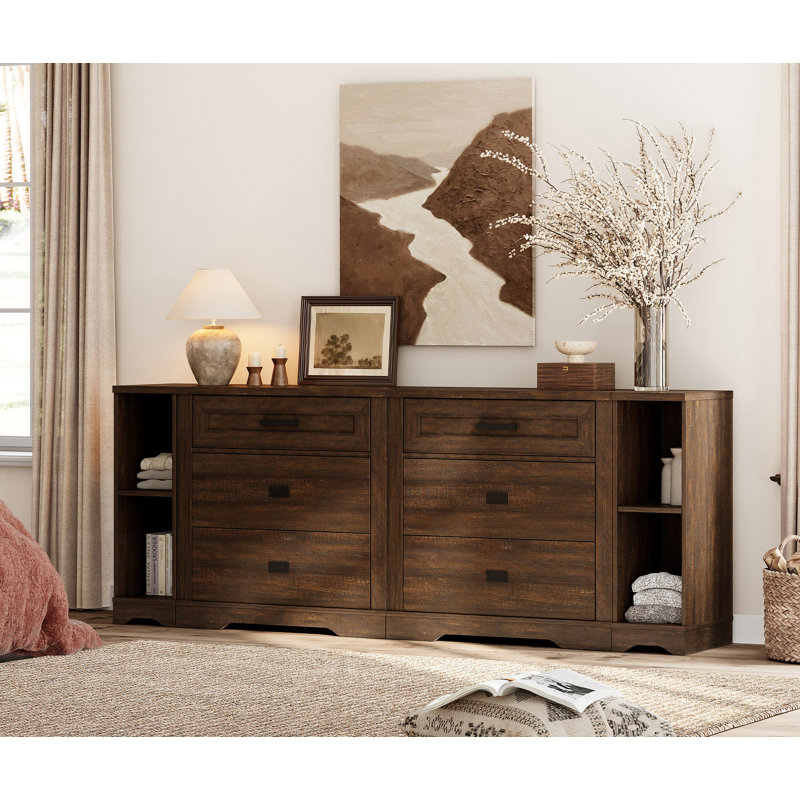 Laziza 4-In-1 Large Farmhouse Wood Entertainment Center With Drawers And Shelvs, Dark Brown Wood