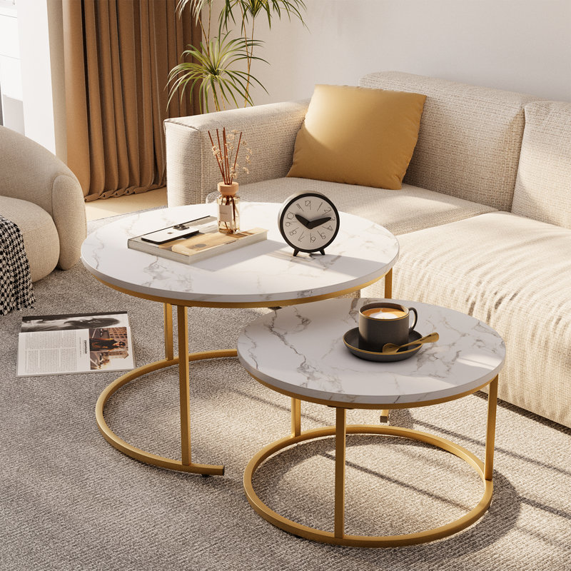 Round White Marble Nesting Coffee Tables with Gold Metal Frame